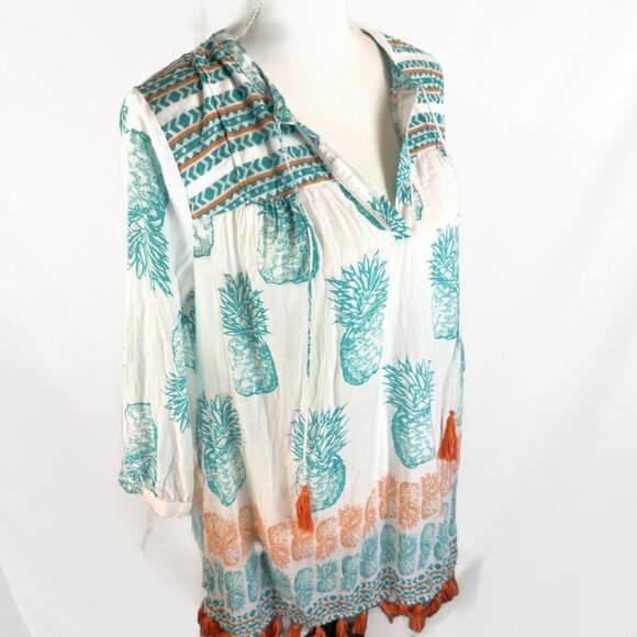 Crown & Ivy Womens Med Pineapple Shirt White with Green Pineapple Orange Fringe - Picture 8 of 9